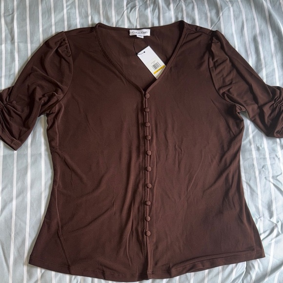 Calvin Klein Tops - Calvin Klein Brown Button-Front V-Neck Top